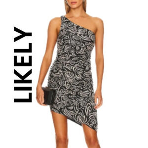 Likely Gemella Womens Mini Dress Sz 6 Black-Cream One Shoulder Asymmetrical Hem